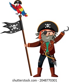 Pirate cartoon character of Captain Hook holding the Jolly Roger isolated on white background illustration