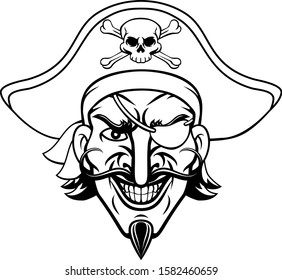 A pirate cartoon character captain mascot face with skull and crossed bones on his tricorne hat