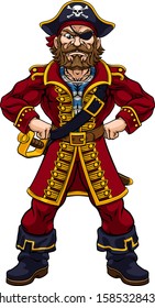 A pirate cartoon character captain mascot with skull and crossed bones on his tricorne hat, eye patch and hands on hip in strong pose