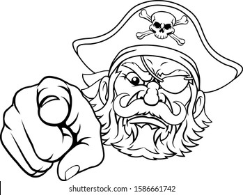 A pirate cartoon character captain mascot face and pointing hand with skull and crossed bones on his tricorne hat