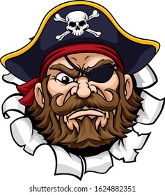 A pirate cartoon character captain mascot face with skull and crossed bones on his tricorne hat breaking or tearing through the background