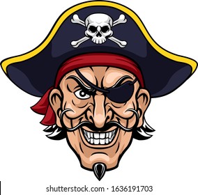 A pirate cartoon character captain mascot face with skull and crossed bones on his tricorne hat