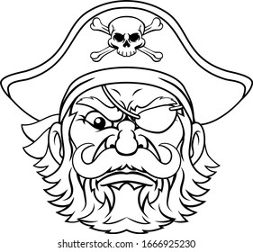 A pirate cartoon character captain mascot face with skull and crossed bones on his tricorne hat