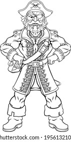 A pirate cartoon character captain mascot with skull and crossed bones on his tricorne hat, eye patch and hands on hip in strong pose