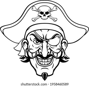 A pirate cartoon character captain mascot face with skull and crossed bones on his tricorne hat