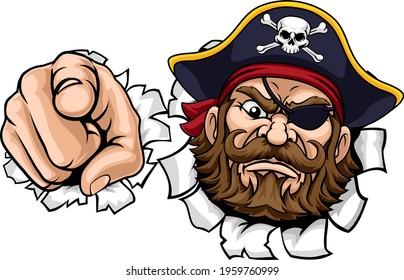 A pirate cartoon character captain mascot face with skull and crossed bones on his tricorne hat breaking or tearing through the background and pointing at the viewer