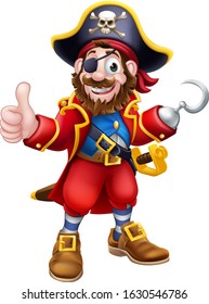 Pirate Cartoon Character Captain With Skull And Crossed Bones On His Hat, Eye Patch And Hook. Giving A Thumbs Up.