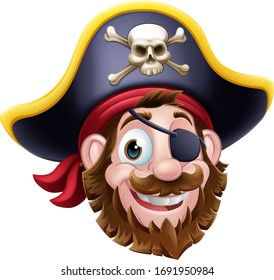 Pirate cartoon character captain with skull and crossed bones on his hat and eye patch. 