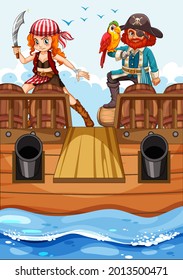 Pirate cartoon character on the ship with wooden plank illustration