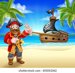 A pirate cartoon character on a tropical beach or island with a pirate ship sailing in the background