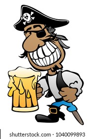 Pirate Cartoon Character with Peg Leg, Eye Patch and Beer Vector Illustration