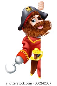 Pirate cartoon character with sword and hook looking around a sign