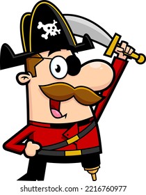 Pirate Cartoon Character With A Sword. Vector Hand Drawn Illustration Isolated On Transparent Background