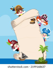 Piratencharakter mit Schatzkarte und Kopienraum, Banner Marinereise und Abenteuerdesign. Schiff, Bildlaufplan-Schatz, Schwert und Brust mit Cartoon-Retro-Stil Vektorgrafik 