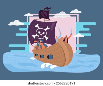 Pirate cartoon characters sailing on boat at sea. Buccaneers on deck of ship, black sail with skull flat vector illustration. Fairytale, adventure concept for banner, website design or landing page