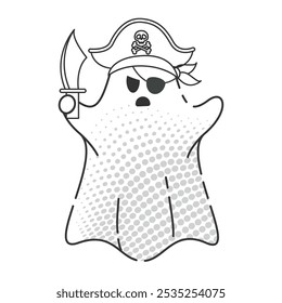 Pirate cartoon ghost with eyepatch and sword, halftone, Vector