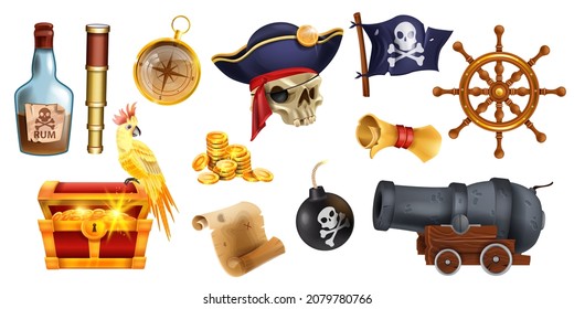Pirate cartoon object set, vector game corsair icon kit, golden treasure chest, rum bottle, iron cannon. Sea adventure element collection, holly roger flag, golden compass, bomb. Pirate object emblem