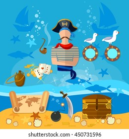 Pirate cartoon old map pirate treasure on the ocean floor vector illustration 