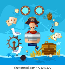 Pirate Cartoon Old Map Pirate Treasure On The Ocean Floor Vector 