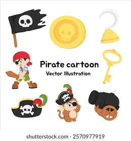 Pirate Cartoon Vector Clip Art Set - Fun Collection of Pirate-Themed Elements Including Pirate Flag, Treasure Coin, Hook Hand, Golden Key, Cannon, Pirate Hat, Pirate Monkey