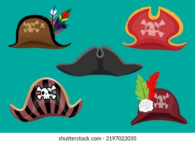 Pirata cartoon vectores de juego capitán de sombrero conjunto de objetos. Colección de elementos de aventura marina como piratas, plumas, cráneo, cruces. Ilustración vectorial de estilo retro de dibujos animados