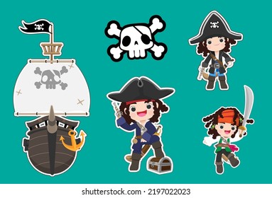 Pirate cartoon vector game object set. Sea adventure element collection such as gun, saber, chest, sword, saber, treasure, ship, skull, bone. Cartoon vector retro style