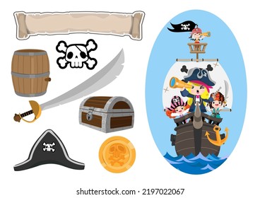 Juego de objetos de juego vectorial de dibujos animados piratas. Colección de elementos de aventura marina como arma, sable, pecho, espada, sable, tesoro, barco, cráneo, hueso. Estilo retro vectorial de dibujos animados