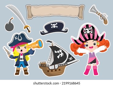 Pirate cartoon vector game object set. Sea adventure element collection such as gun, saber, chest, sword, saber, treasure, ship, skull, bone. Cartoon vector retro style