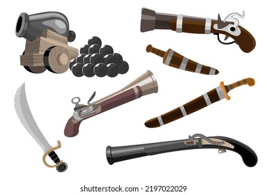 Juego de objetos de armas vectoriales piratas. Colección de elementos de aventura marina como cañones, bombas, sable, espada, arma. Ilustración vectorial de estilo retro de dibujos animados