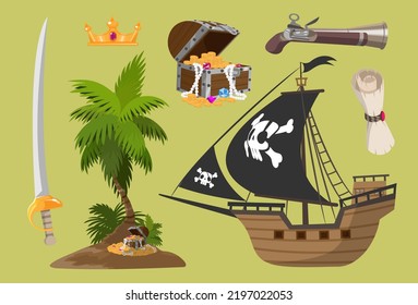 Piratencartoon, Vektorspiel-Waffenobjektset. Sammlung von Meeresabenteuern wie Gewehr, Säbel, Schwert, Brust, Karte, Schatz, Kronen, Schiff, Schädel, Knochen, Palm, Insel. Cartoon-Retro-Stil