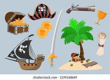 Juego de objetos de armas vectoriales piratas. Colección de elementos de aventura marina como pistola, sable, moneda, pecho, mapa, tesoro, barco, cráneo, hueso, palmera, isla. Estilo retro vectorial de dibujos animados