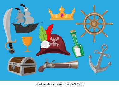 Juego de objetos de armas vectoriales piratas. Colección de elementos de aventura marina como sable, espada, pistola, sombrero, botella, pecho, ancla, barco, volante. Ilustración vectorial de estilo retro de dibujos animados