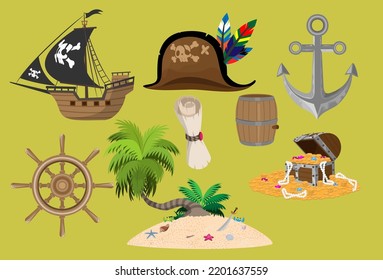 Pirate cartoon vector game weapon object set. Sea adventure element collection such as anchor, hat, saber, sword, chest, map, treasure, ship, skull, bone, palm, island. Cartoon retro style