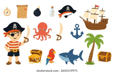 Vetor de desenhos animados pirata com criança, tesouro e navio. Ícones de aventura pirata. Animais marinhos bonitos e elementos piratas