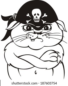 Pirate cat. Black and white vector illustration in cartoon style.