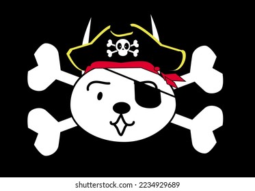 Pirate Cat character cartoon hand draw with skull and bones illustration 