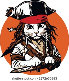 pirate cat dressed in pirate sea captain costume and hat vector illustration