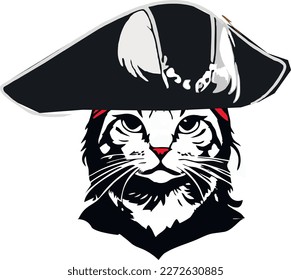 pirate cat dressed in pirate sea captain costume and hat vector illustration