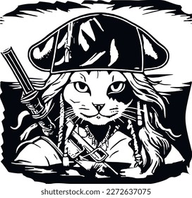 pirate cat dressed in pirate sea captain costume and hat vector illustration