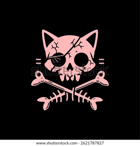 Pirate Cat Skull with Crossed Fish Bones Vector
