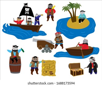 Pirate cat vector illustration. Cute cartoon piratic animal cat character in black hat piratical clothes sailing on ship, kitty looking for treasure. Funny sticker set for children, icon isolated on