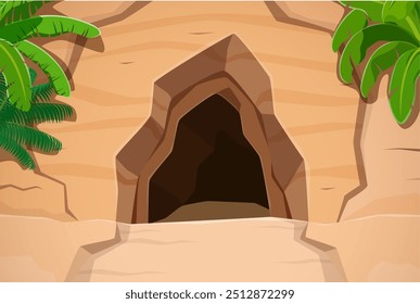 Pirate cave entrance surrounded by rocky cliffs and lush green palm leaves. Cartoon vector hole in the mountain, hidden underground tunnel or cavern, summer nature landscape, hollow game background