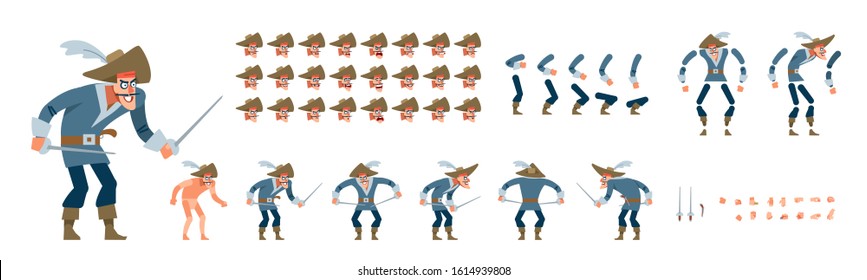 Pirate character animation set for your motion design. Cartoon Flat vector illustration isolated on white background. Front, side, back, various views, face emotions, poses and gestures.