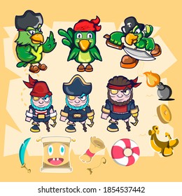 pirate character design  and object pack vector illustration