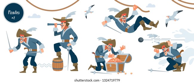 Pirate. Pirate character in different situations. Vector illustration