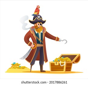 Pirate character holding sword with parrot and treasure chest cartoon character