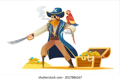 Pirate character holding sword with parrot and treasure chest vector illustration