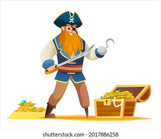 Pirate character holding sword with treasure chest cartoon