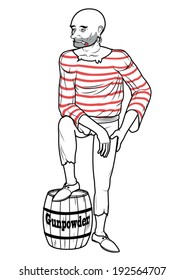 Pirate character leaning on a barrel of gunpowder 