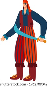 Pirate character male in bandana, traditional costume ocean bandit hold eastern sabre isolated on white, cartoon vector illustration. Sea robber smiling, carnaval suit raider performance.